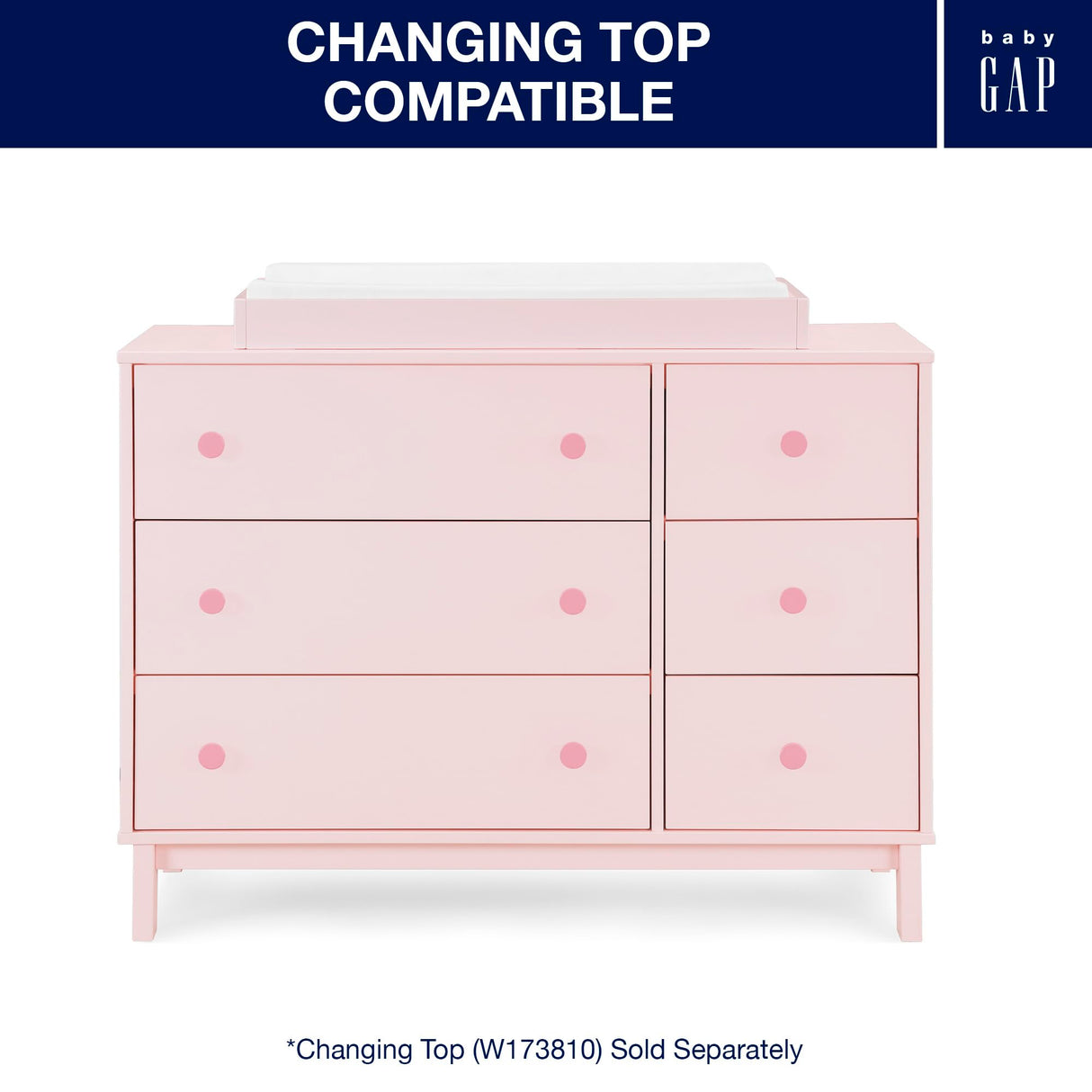 GAP babyGap Legacy 6 Drawer Dresser with Interlocking Drawers - Greenguard Gold Certified, Blush Pink/Dark Pink Delta Children