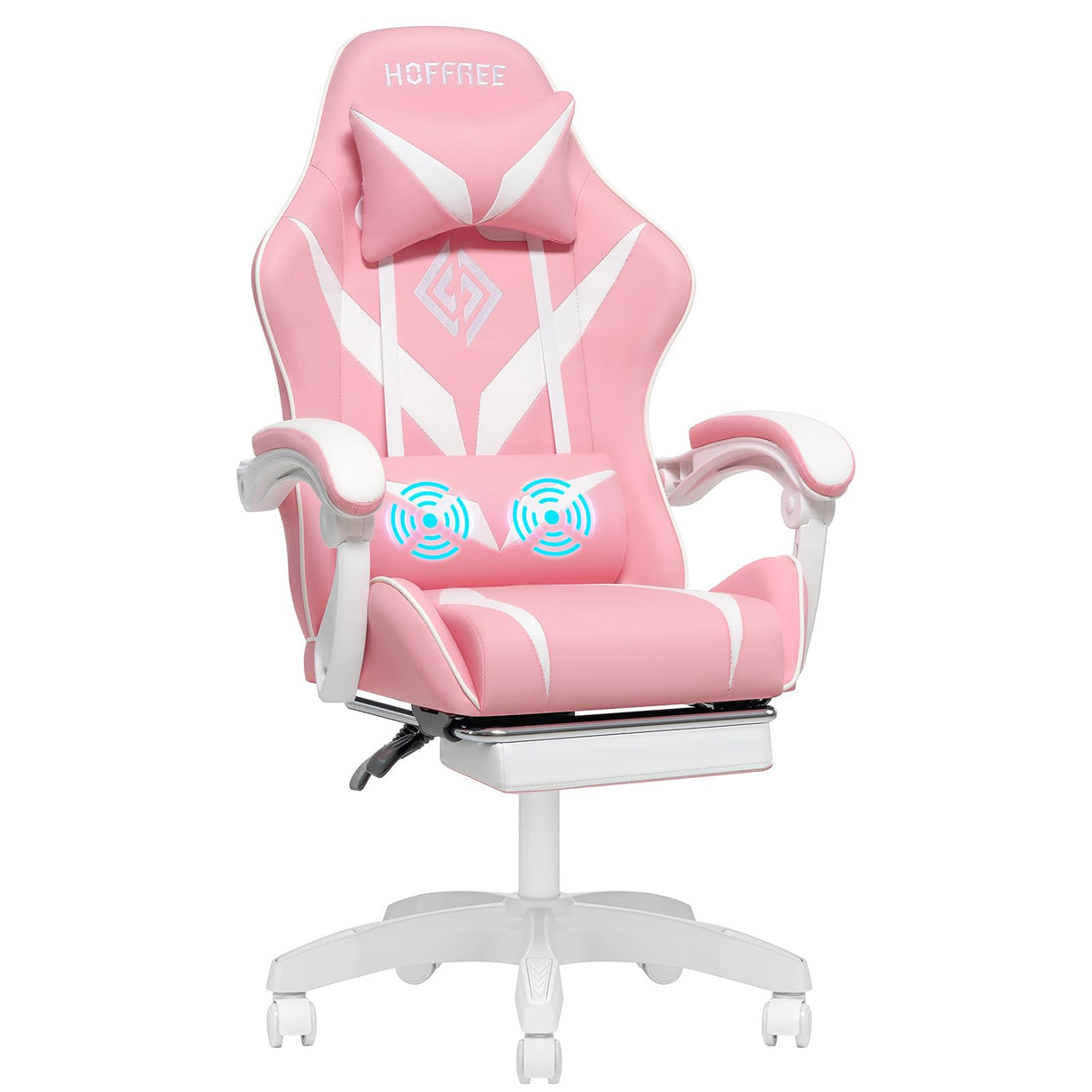 HOFFREE Pink Gaming Chair with Massage for Girls Cute Computer Gamer Chair with Footrest and Lumbar Support Reclining PC Game Chair with Headrest for Gaming Room HOFFREE