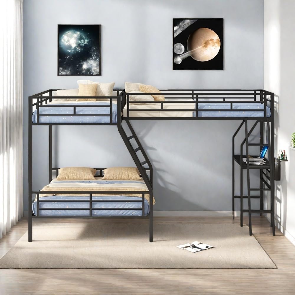 SOFTSEA L-Shaped Metal Bunk Bed with Desk for 3 Kids Twin Over Twin Over Full Triple Bunk Bed with Twin Loft Bed and Ladder, No Box Spring Needed SOFTSEA