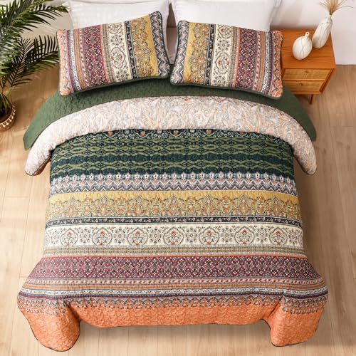 WONGS BEDDING Boho King Quilt Set, Green and Orange Bohemian Quilt Bedding Set, Fall Lightweight Bed Decor Bedspread for All Season Reversible Microfiber Coverlet Bedding Set 103"x90"(3 Pieces) WONGS BEDDING