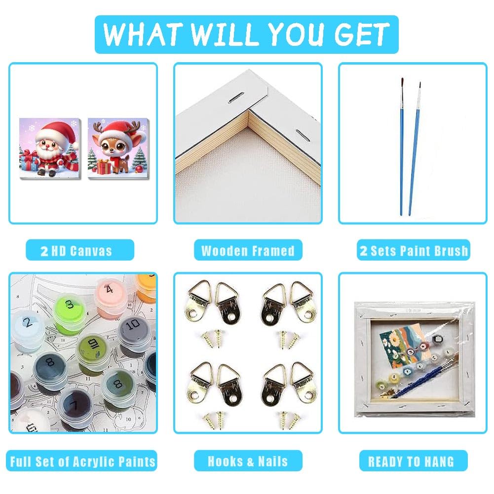 2 Pack Christmas Paint by Numbers for Kids with framed, DIY Cute Cartoon Christmas Kids Paint by Number Kits on Canvas, Arcrylic Easy Paint by Number for Kid and Adults Home Wall Decor 7.8x7.8Inch Amzdiyfun