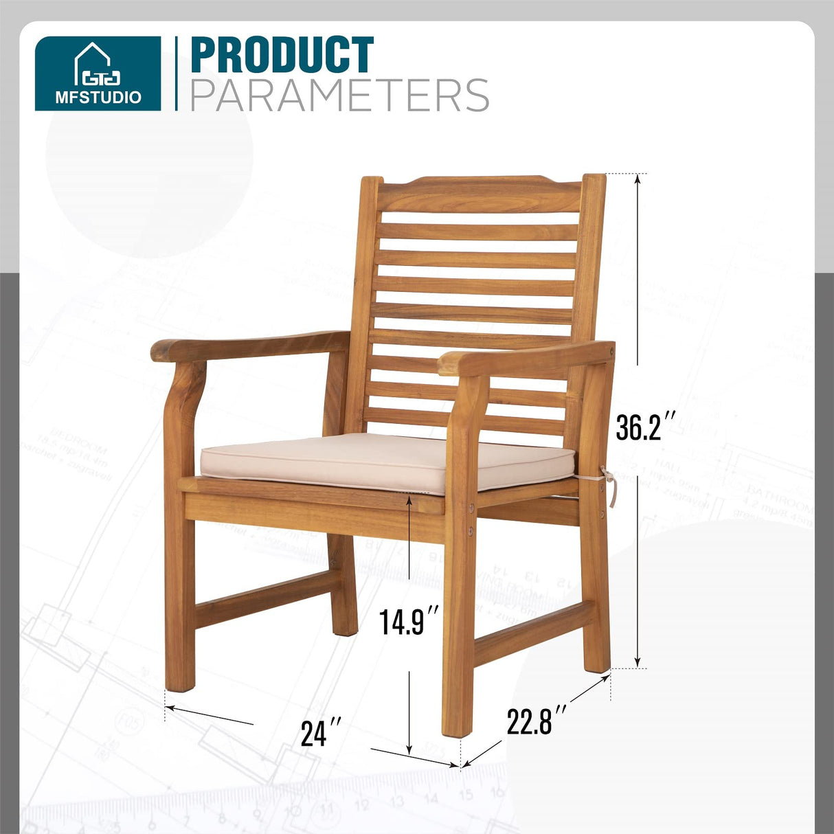 MFSTUDIO 2 Pieces Acacia Wood Patio Dining Chairs, Natural Oil Finished Outdoor Dining Chair Set of 2, Slat Back Patio Dining Chair with Removable Cushion for Garden, Backyard MFSTUDIO