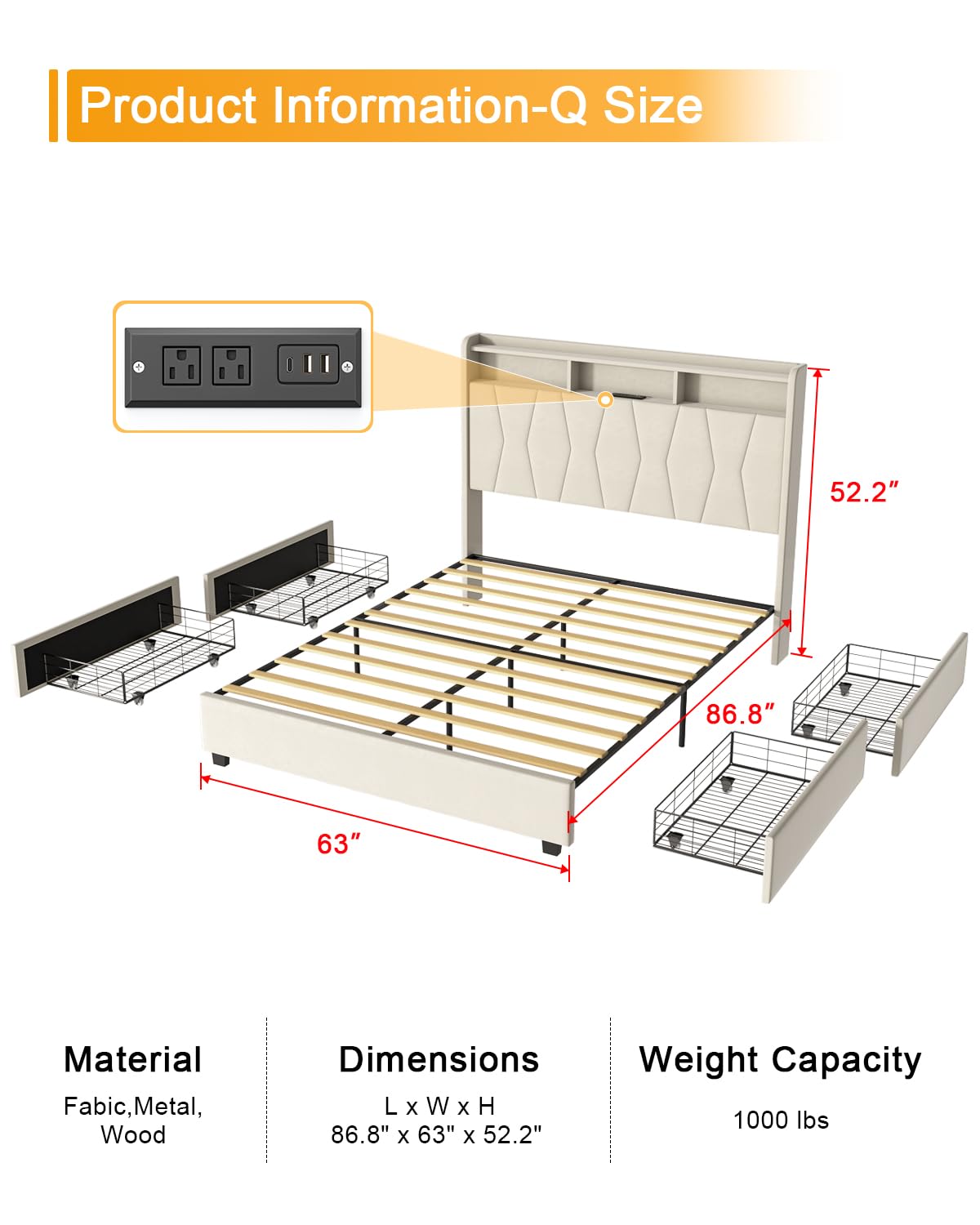 LegacyAmerhome Queen Bed Frame, Velvet Upholstered LED Platform Bed with Headboard Storage, Queen Bed Built-in Charging Station with 4 Drawers, Wood Slat Support, No Box Spring Needed, Beige LegacyAmerhome