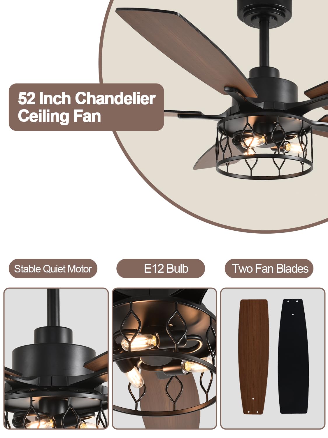 Curve Curio 52 Inch Farmhouse Ceiling Fan with Light and Remote Industrial Ceiling Fan Quiet and Reversible DC Motor Rustic Caged Chandelier Fan for Living Room Bedroom Patio Curve Curio