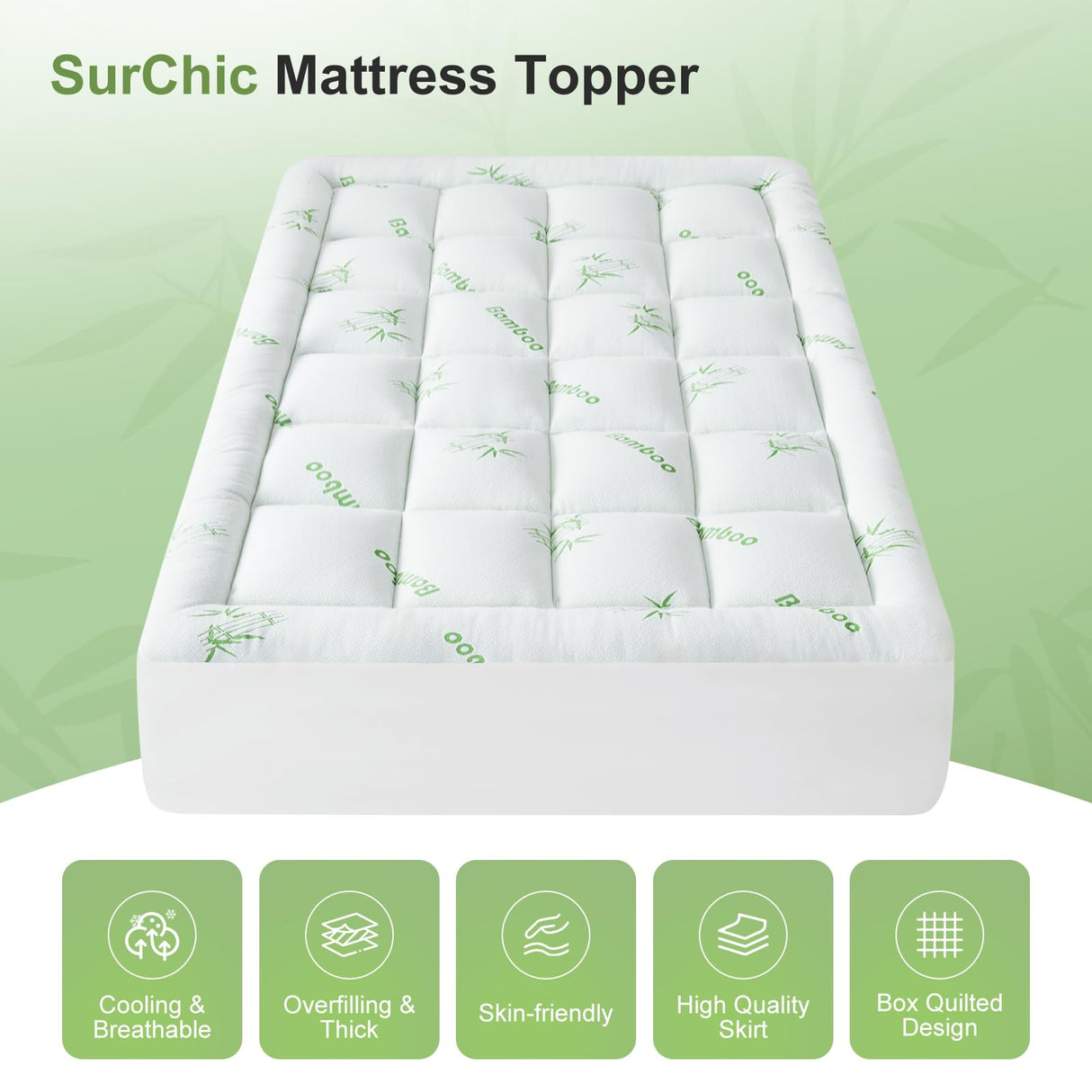 SurChic Queen Size Mattress Topper Viscose Derived from Bamboo, Soft Thick Pillow Top Mattress Pad Cover for Back Pain, Cooling Mattress Protector with 8-21 Inch Deep Pocket, White SurChic