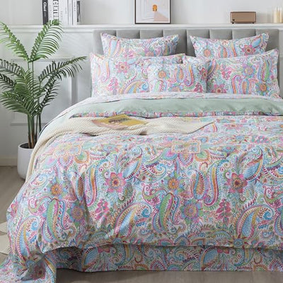 FADFAY Paisley Duvet Cover Set Queen Bohemian Damask Paisley Bedding Luxurious Pink Boho Paisley Comforter Cover Set 100% Cotton Ultra Soft Quilt Cover with Hidden Zipper Closure 3 Pieces, Queen Size