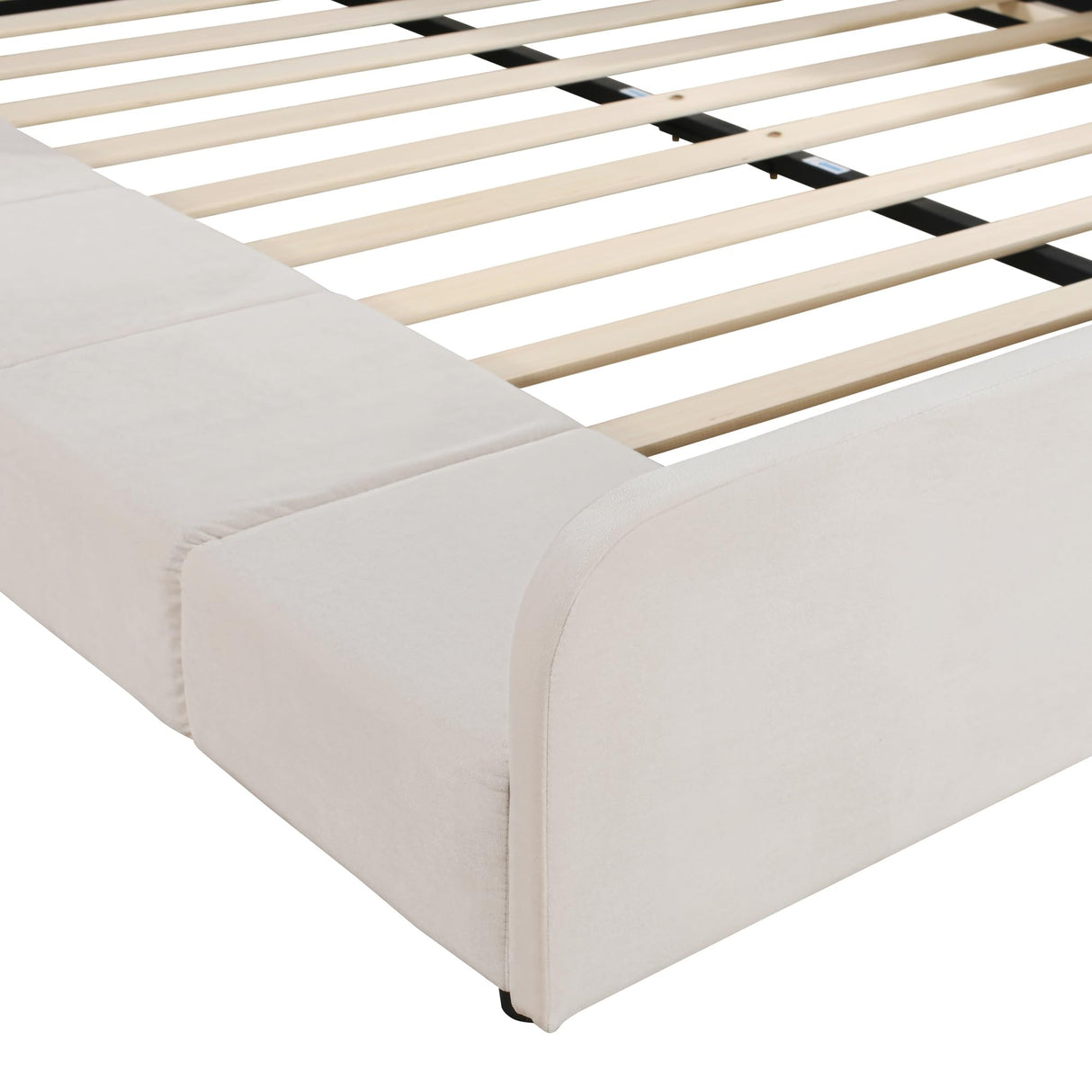 Merax Queens Size Velvet Bed Frames Upholstered Grounded Bed, Wooden Mother & Child Bed with Bedside Desk and Little Round Stool,Kids Adults Bedroom Floor Platform Bed,Beige Merax