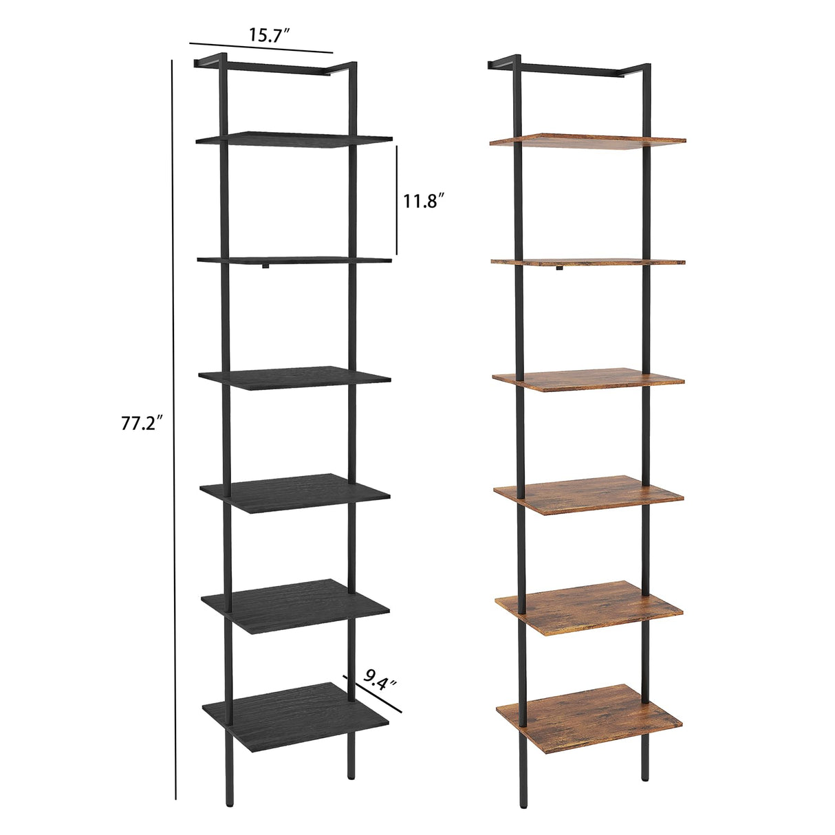 POBOMULI 6-Tier Ladder Shelf, 77 Inches Wall Mounted Ladder Bookshelf with Metal Frame, Wood Tall Open Storage Rack and Display Shelves for Home Office Bedroom Living Room, Black POBOMULI