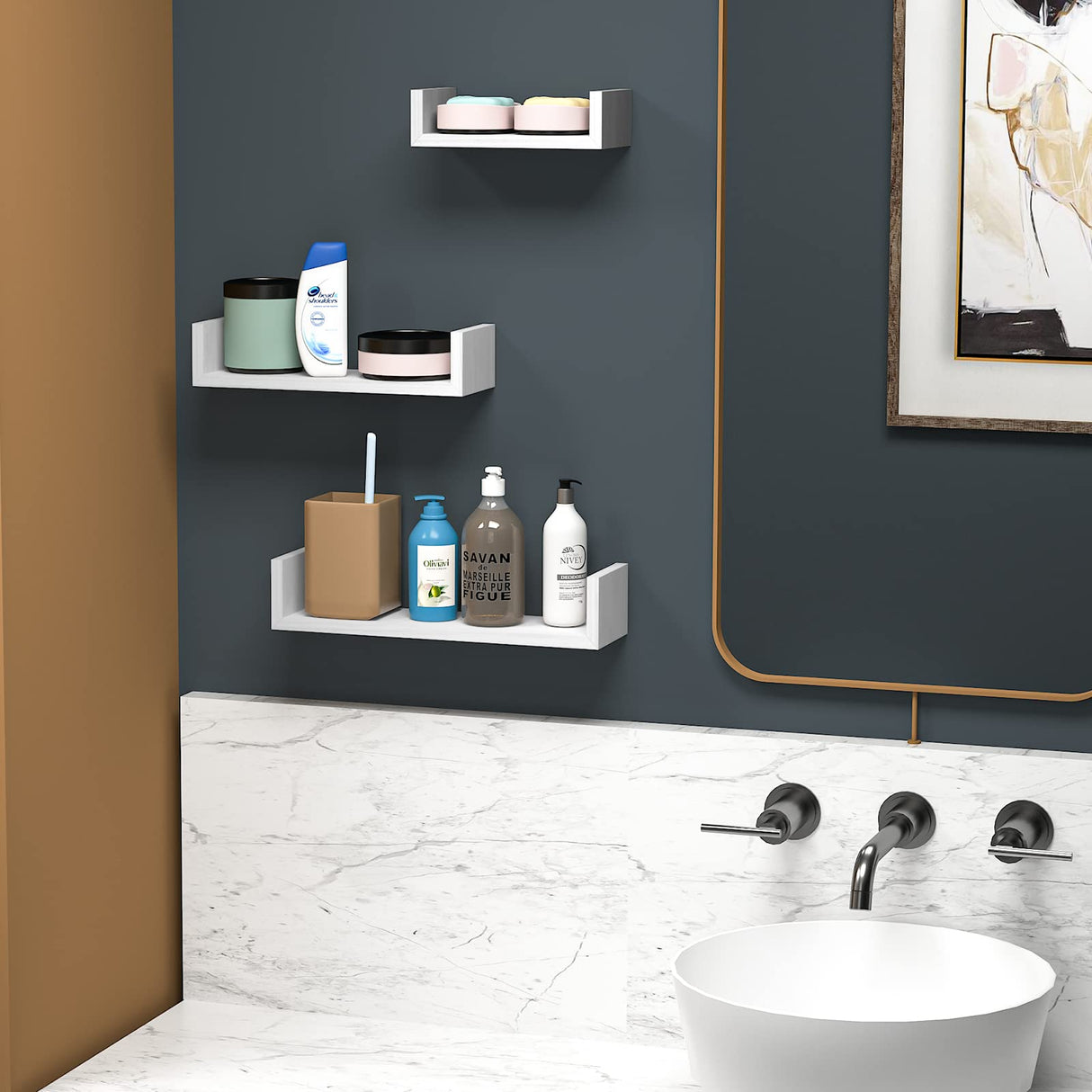 SRIWATANA Floating Shelves Wall Mounted, Solid Wood Wall Shelves, White SRIWATANA