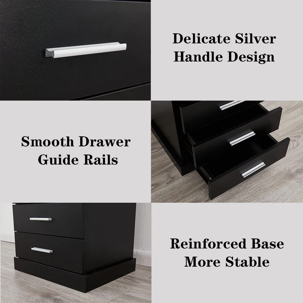 Halitaa Black LED Nightstand with Charging Station, Side Table with 3 Drawers and Light, End Table with Open Storage, Beside Cabinet for Bedroom (Black 2 set) Halitaa