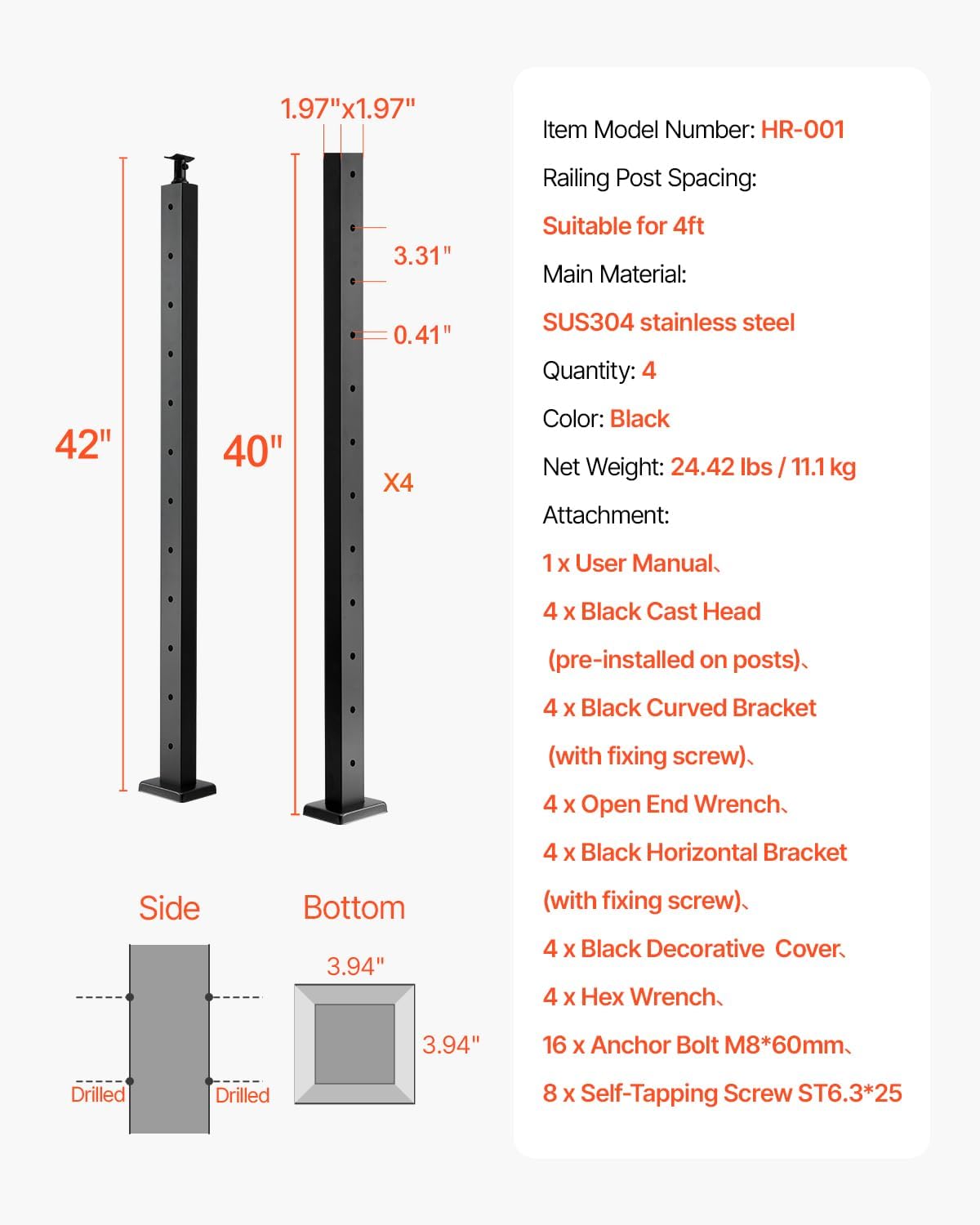 VEVOR 4 Pack Cable Railing Post, 42"x2"x2" Level Drilled Deck Railing Post, SUS304 Stainless Steel Black Cable Railing System Kit for Indoor Outdoor Deck Balcony, 4JZLGZXHS106URZU0001V0 VEVOR