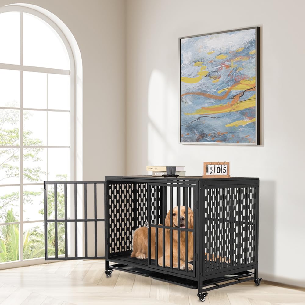 HIDOG 42'' Dog Crate Furniture, Wooden Dog Kennel with Lockable Wheels, Dog Crate End Table with Trays, Decorative Dog Kennel Indoor, Heavy Duty Dog Cage for Medium Large Dogs, Rustic Brown HIDOG