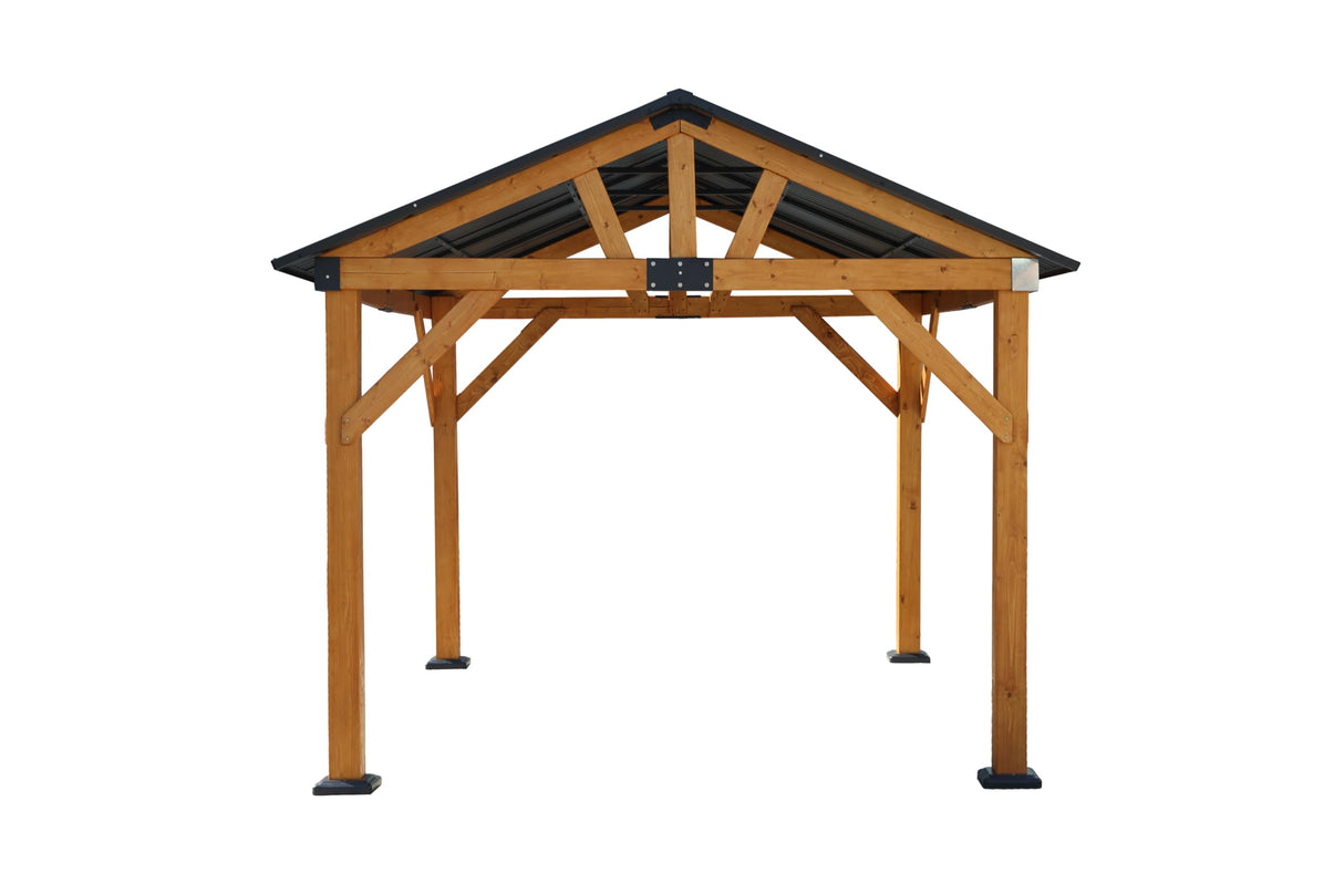 YOPTO 12x8.5 FT Wood Carport Pavilion Gazebo,Canopy Tent wiht Hard Top Steel Metal Slope Roof and Feet,All Weather Protected,Waterproof Garden Pergola for ackyard,Swimming Pool,Light Brown YOPTO
