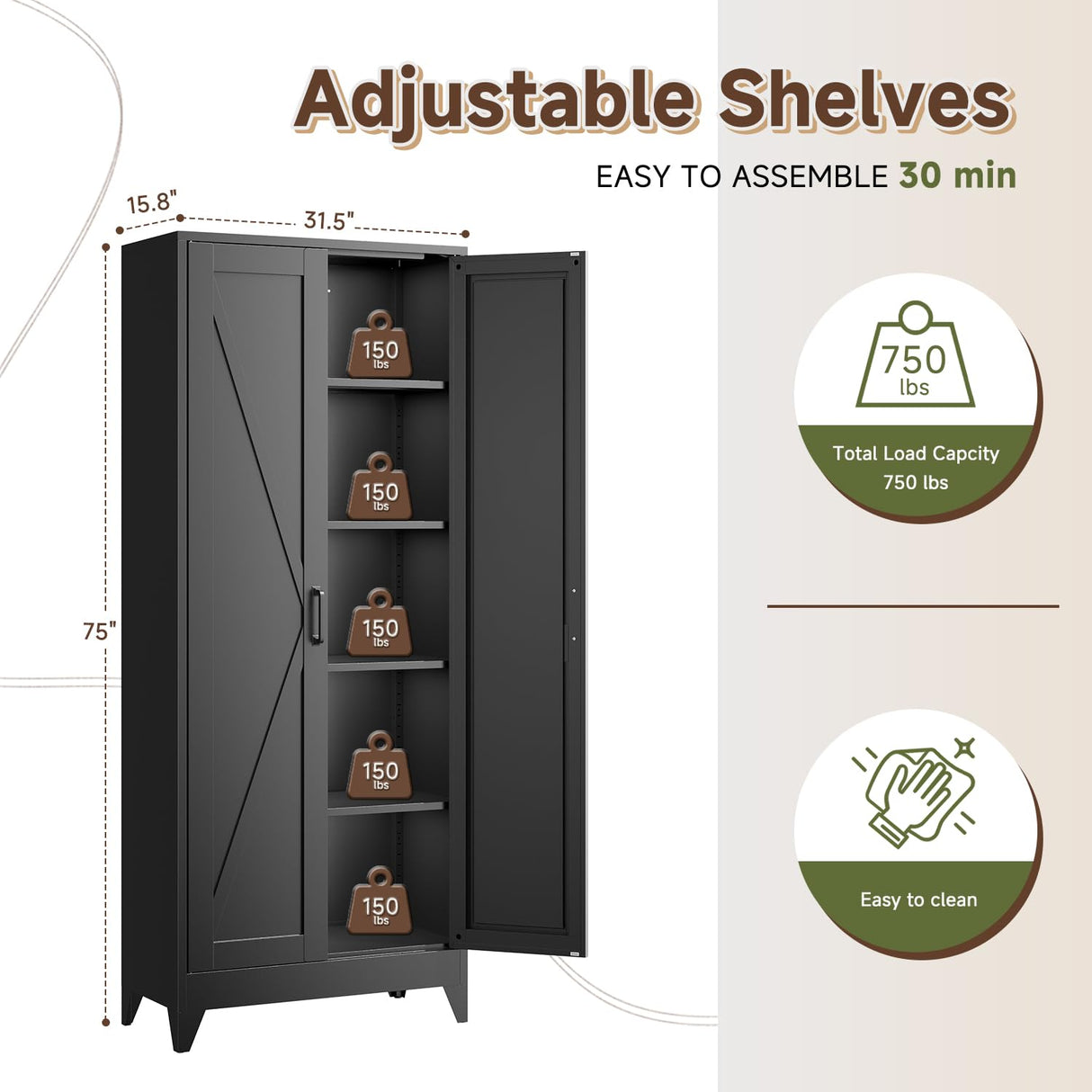 Letaya Storage Cabinet,75" H Metal Kitchen Pantry Cabinets with Doors and Adjustable Shelves,Pantry Organizers for for Cupboard/Dining/Bathroom/Office/Garage Room,Black Letaya