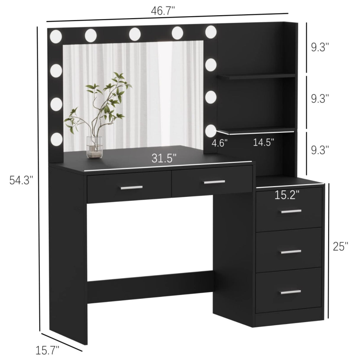 Rovaurx 46.7" Makeup Vanity Table with Lighted Mirror, Large Vanity Desk with Storage Shelf & 5 Drawers, Bedroom Dressing Table, 11 LED Lights, Black Rovaurx