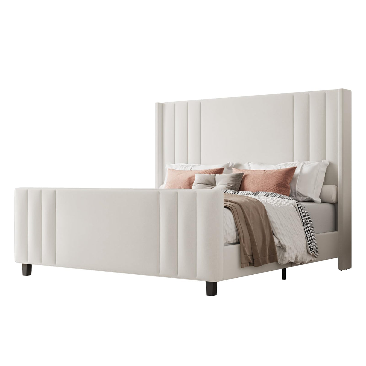 Albott King Size Platform Bed Frame, Upholstered Bed with Vertical Channel Tufted Wingback Headboard & Footboard, Premium Velvet, No Box Spring Needed, Cream Albott