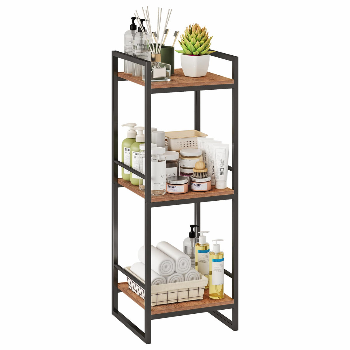 BYFU 3 Tier Bathroom Shelving Unit, Narrow Open Floor Shelves, Metal Corner Storage Rack for Bathroom Laundry Room Kitchen Living Room, Rustic Brown BYFU