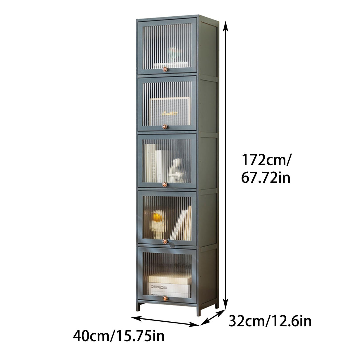 MCBAOB Bookcase with Clear Doors, 5-Tier Tall Bookshelf with Storage Cabinet, Bamboo Book Shelf and 5 Cube Organizer Book case for Living Room, Freestanding Storage Cabinet (5-Tier Grey) MCBAOB