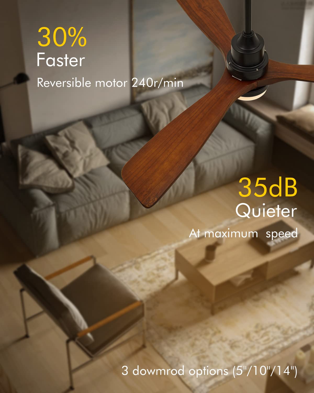 Chriari Modern Ceiling Fans with Lights, 3 Wood Fan Blades, 52" Black with Remote Control, Noiseless Reversible DC Motor for Bedroom/Living Room/Study/Patio Chriari