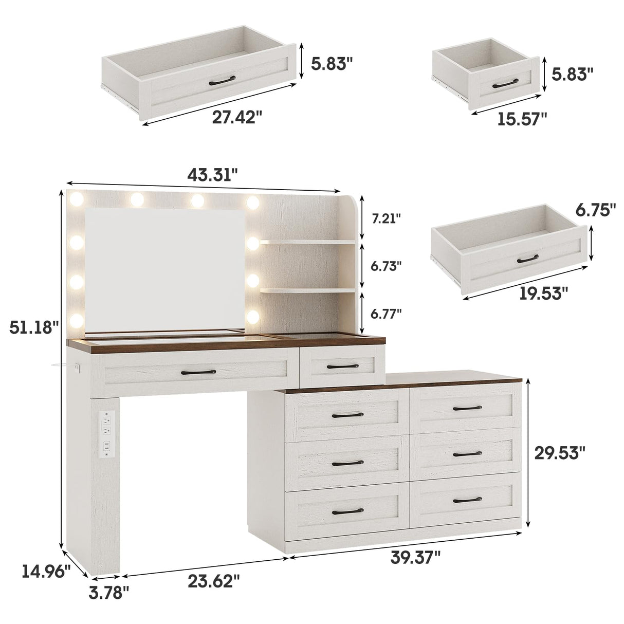 Farmhouse Large Makeup Vanity Desk, Glass Top Vanity Dresser Combo, Make Up Dressing Table, with Mirror and Lights and 8 Drawers, with Charging Station and Storage, for Bedroom, Dressing Room, White Vabches