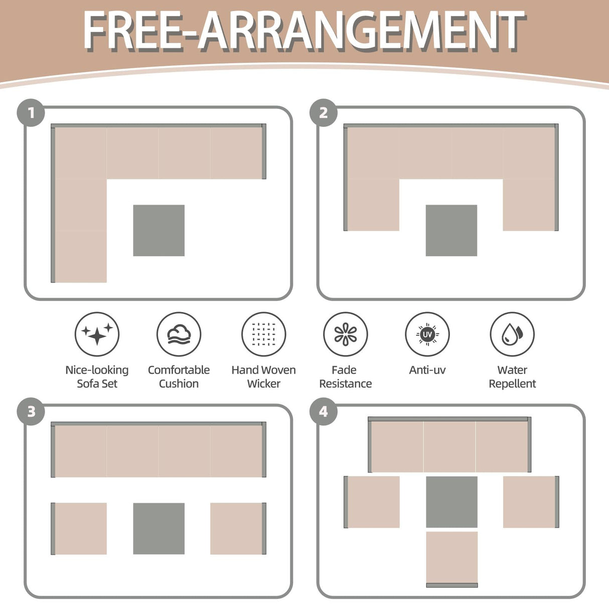 Skyfish 7 Pieces Patio Furniture Set - Outdoor Sectional Wicker Rattan Furniture with Cushion and Glass Table Patio Conversation Sets for Porch Poolside Backyard Outdoor Sofa Set Modular Sofa Skyfish