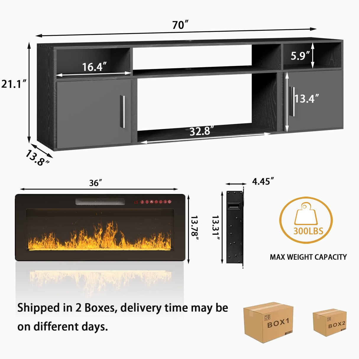 VENDORZ Floating Fireplace TV Stand, 70" Floating TV Stand Wall Mounted with 36" Fireplace, Black Floating Entertainment Center Fire Place TV Stands for Living Room Media Console, Up to 80" TVs VENDORZ