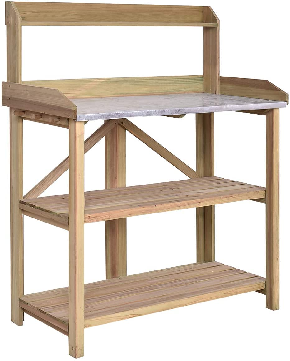 OFFICEJOY Potting Bench, Outdoor Garden Work Station Table w/Galvanized Tabletop, 2 Lower Shelf, 3 Wood Hooks, Plant Flower Pot Workstation Bench Table for Backyard, Balcony, Patio, Yard (Light Oak) OFFICEJOY