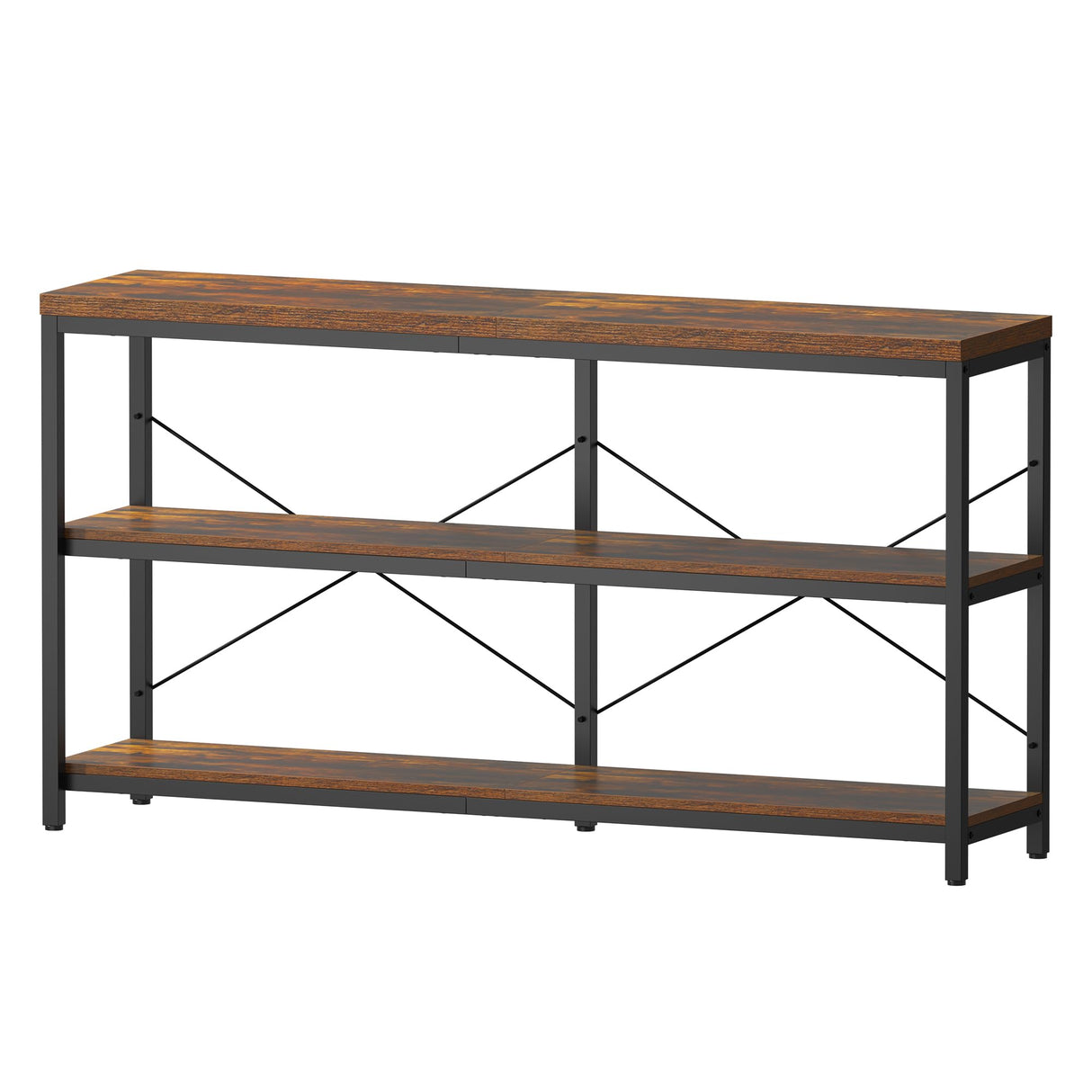 Semoic 3-Tier Industrial Bookshelf, Wide Wood Horizontal Bookcase, Open Large Book Shelf with Metal Frame, Display Rack Shelving Unit, Storage Organizer for Living Room, Bedroom & Study, Brown Semoic