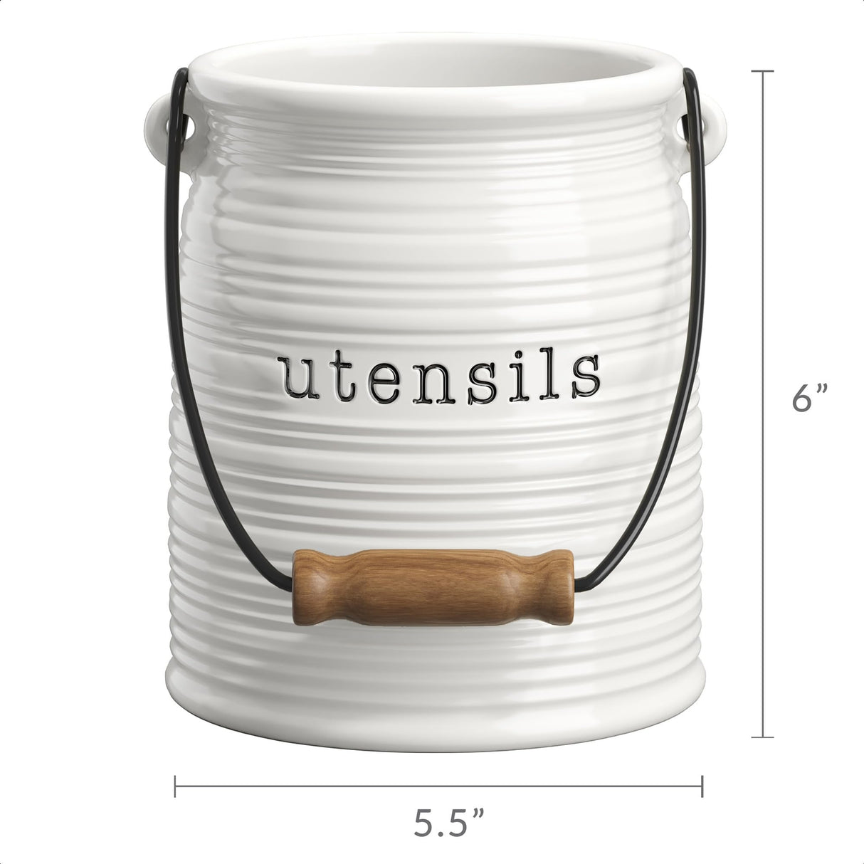 Barnyard Designs Ceramic Farmhouse Kitchen Utensil Holder for Countertop, Decorative Large Kitchen Utensil Holder for Kitchen Counter, Utensil Crock Spatula Holder, 6" White Barnyard Designs