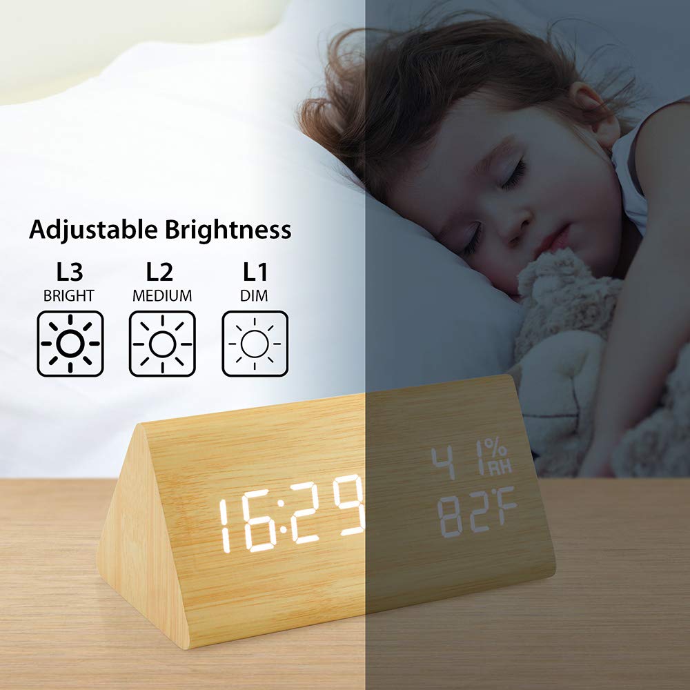 OCT17 Wooden Alarm Clock, Wood Alarm Clock Smart LED Digital Clock for Bedroom/desks, Upgraded with Time Temperature, Adjustable Brightness and Voice Control, Humidity Displaying - Bamboo OCT17