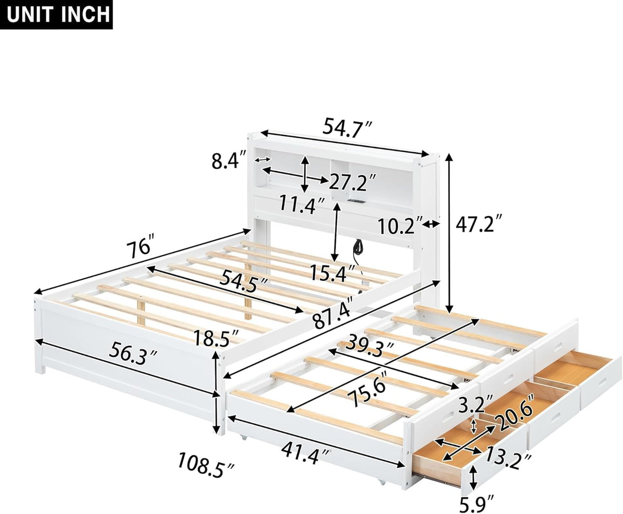 Harper & Bright Designs Full Size Bed with Bookcase Headboard, Wooden Full Size Platform Bed with Trundle and Storage Drawers,Full Storage Bed with USB Ports Outlets for Kids Girls Boys, White Harper & Bright Designs