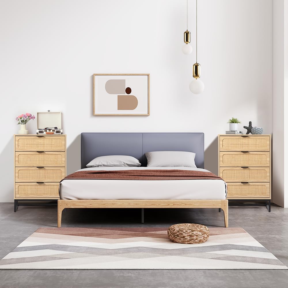 affeivul Mid Century Modern Dresser, 4 Drawer Rattan Dresser for Bedroom Wood, Boho Wooden Rattan Storage Cabinet Side Table with Solid Metal Legs, Tall Skinny Dresser for Closet (Natural) affeivul