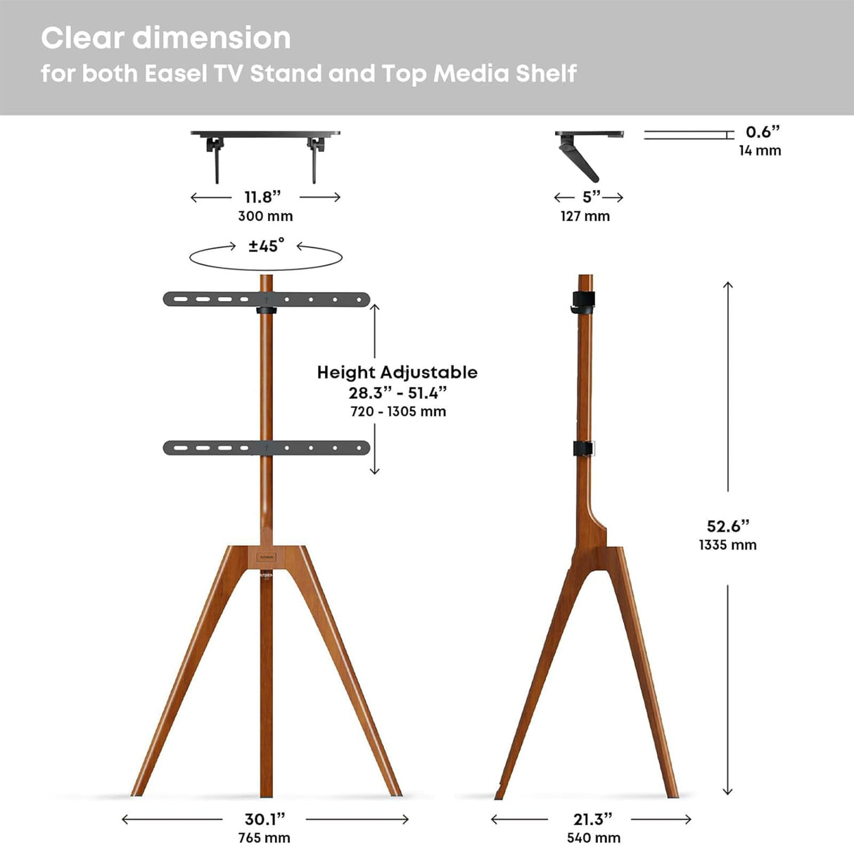 PUTORSEN Premium Wood Easel TV Stand, Adjustable TV Tripod Stand for 45-65 Inch LED LCD Screen, Swivel TV Floor Stand with Top TV Shelf and Magnetic Concealed Cable Management, Max Load 88lbs, Walnut PUTORSEN