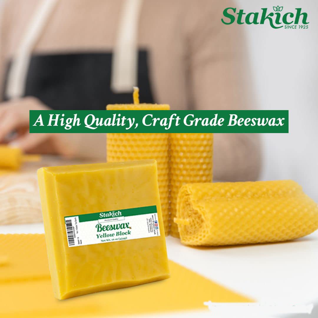Stakich Yellow Beeswax Block - Natural, Triple Filtered - 1 Pound, Honey Scent Stakich