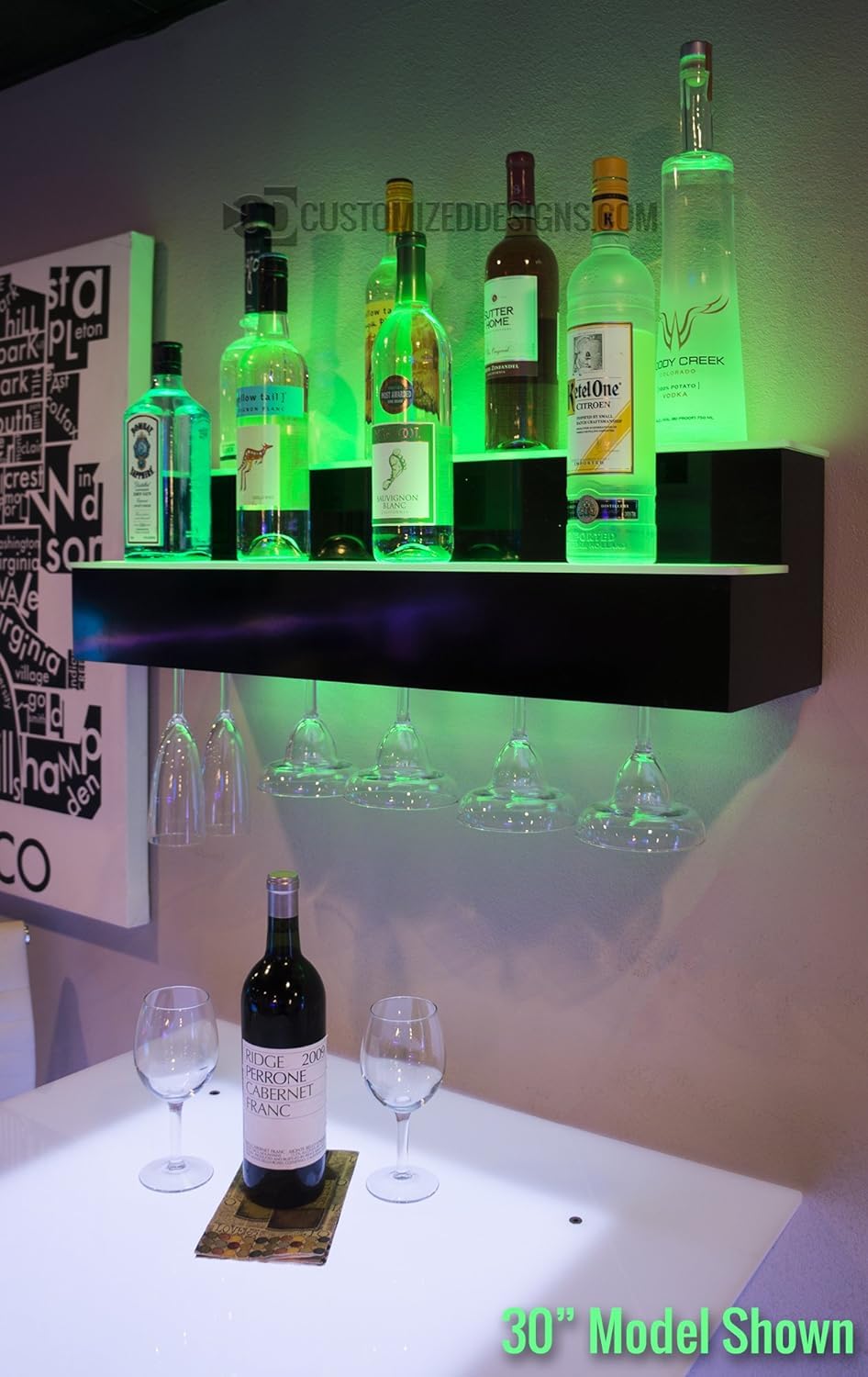 Customized Designs 48" 2 Tier Wall Mounted Liquor Display Bar Shelves w/Wine Glass Rack Customized Designs