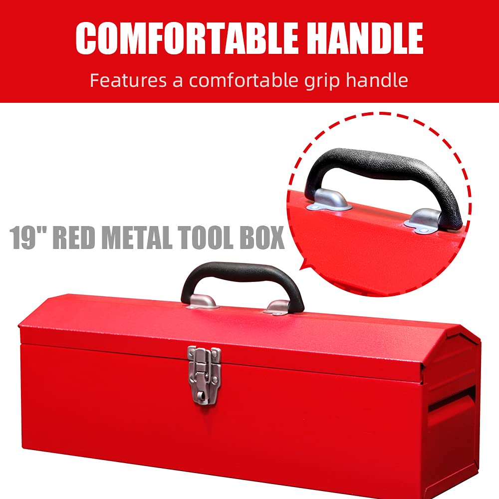 HPDMC Red Hip Roof Style Portable Steel Tool Box with Metal Latch Closure and Removable Storage Tray, 19.1" L x 6.1" W x 6.5" H HPDMC