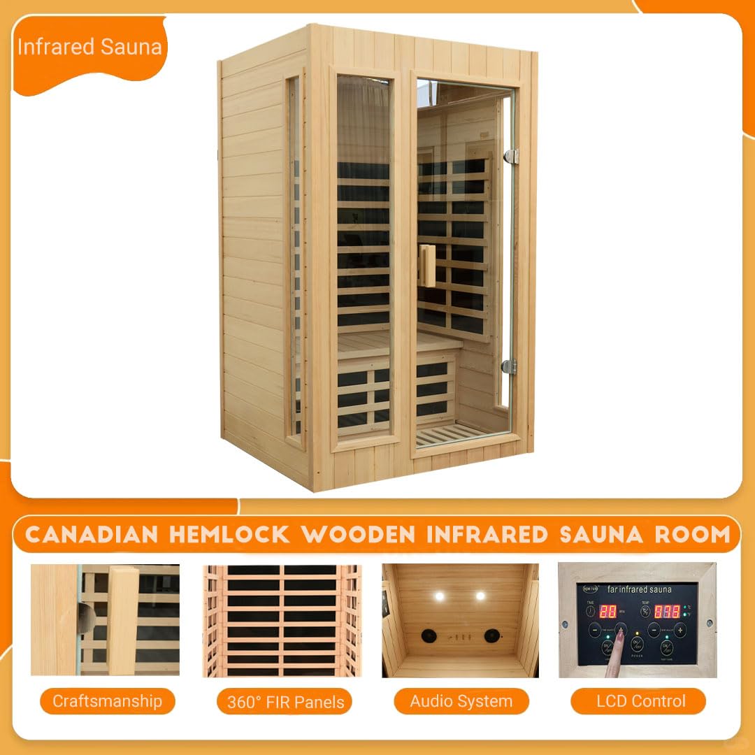 KUNSANA 2 Person Infrared Sauna, Far Infrared Saunas for Home, Hemlock Wood Sauna Room, Low EMF Indoor Home Sauna Spa, 1500Watt, Bluetooth Speakers, Reading Lamps KUNSANA