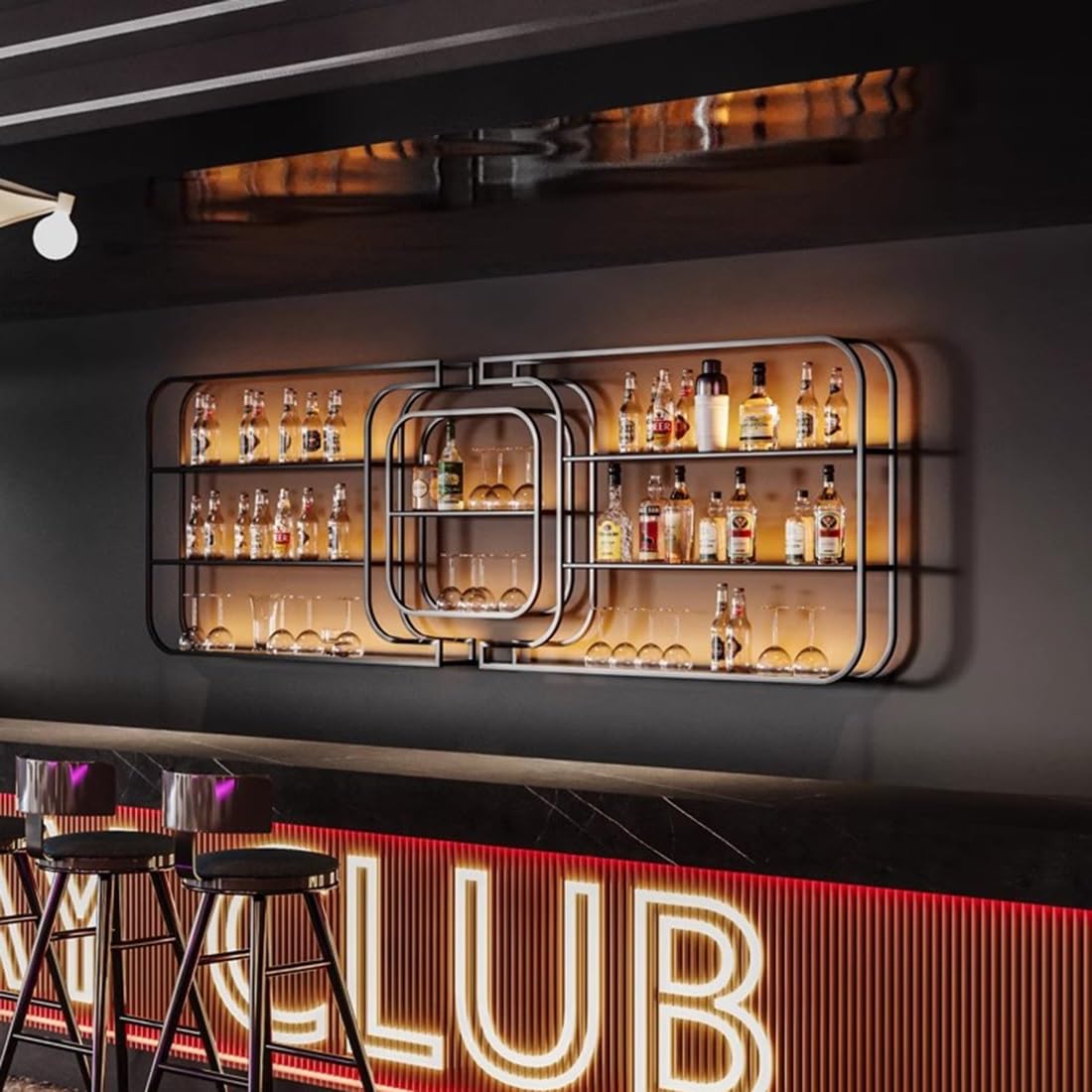 Large Wine Storage Rack Wall Mounted With LED Light With Wine Glass Holder, Heavy Duty Iron Bar Liquor Shelf,Floating Wall Wine Shelves,Bar Liquor Bottle Display Shelf For Kitchen Bar Decoration(350*1 IRHIGBGX