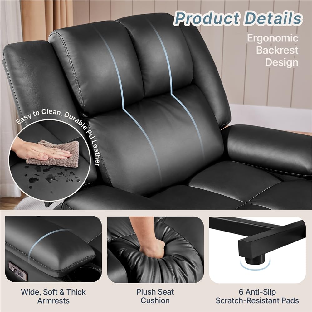 Yaheetech Large Electric Power Lift Recliner Chair, PU Leather Massage Chair with Heat and USB Port for Elderly, Ergonomic Lounge Chair with 2 Cup Holders Side Pockets, Overstuffed Wide Single Sofa Yaheetech