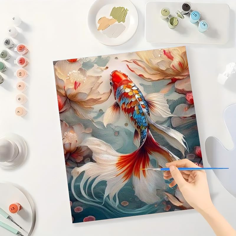 Nature Art Paint by Numbers Kit for Adults - DIY Koi Fish and Lotus Flowers Painting on Canvas 16x20 Inches, Acrylic Paint Set, Suitable for Beginners, Peaceful Art for Home Decoration/Gifts TAOPAOLAB