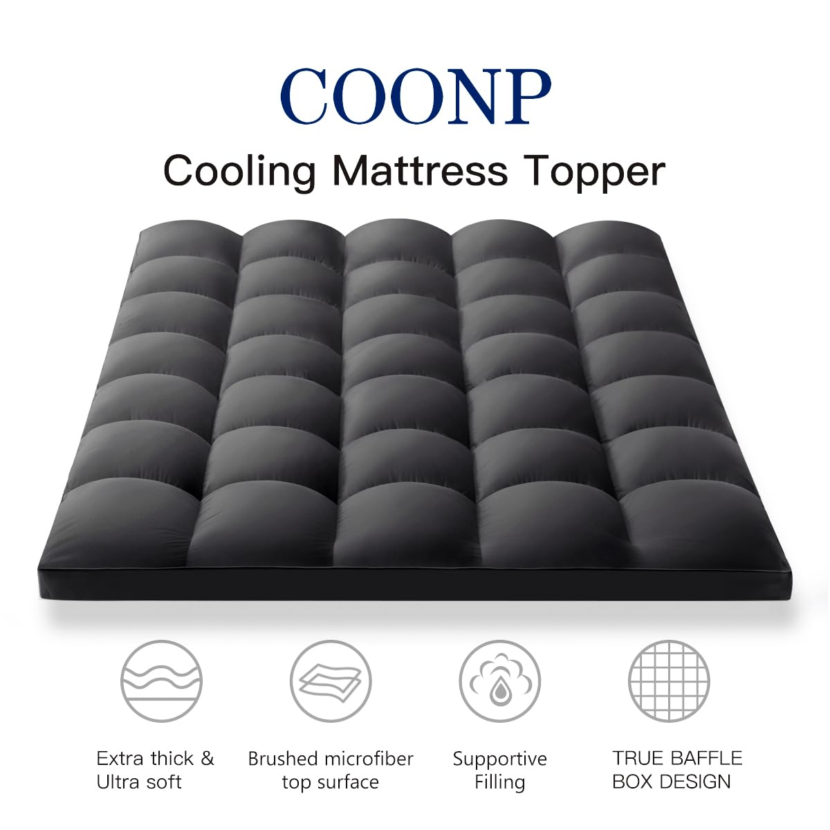 COONP King Mattress Topper, Extra Thick Pillowtop, Cooling Plush Mattress Pad Cover Bed Topper Protector with 8-21 Inch Deep Pocket (Black, King) COONP