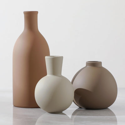 Ceramic Vase Set of 3, Vases Home Decor Rustic Vase Farmhouse Decor Vase Terra Cotta Pottery Vases for Bouquet Pampas Grass Dried Fresh Flowers, Living Room, Kitchen, Bedroom, Entryway Decor- Brown