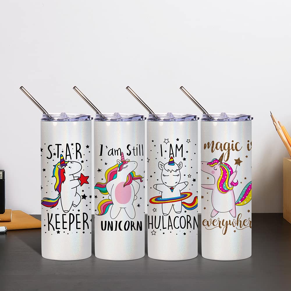 PYD Life Sublimation Glitter Tumbler Rainbow White Blank Straight 20 OZ Skinny Tumbler Cups with Metal Straw,Stainless Steel Coffee Tumbler Cups,Sublimation Mugs Bottles 4 Pack PYD Life