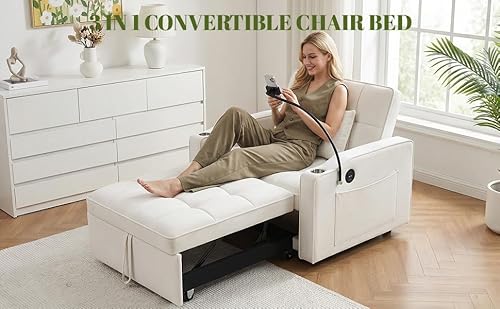 ERYE 3-in-1 Convertible Sleeper Sofa Bed with Pull Out Sleeper Couch Bed & Reclining Backrest, Modern Single Lounge Chair Convertible Tufted Sofabed for Home Apartment