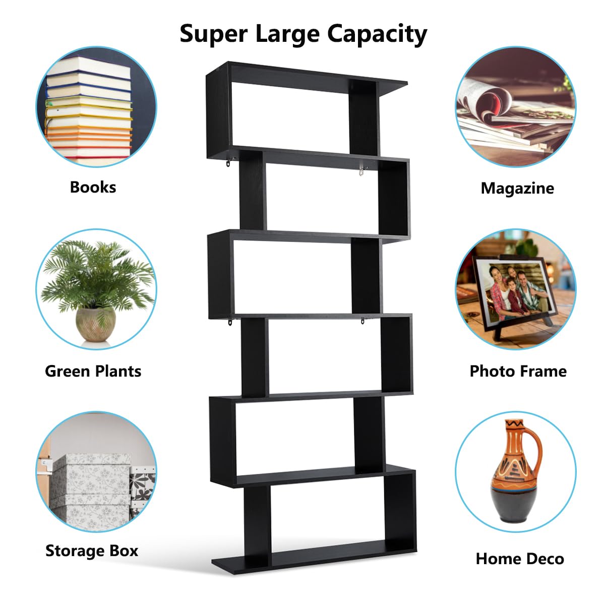 Tangkula 6-Tier Geometric Bookcase, Modern S-Shaped Storage Display Bookshelf for Living Room, Anti-Toppling Device, Home Office Wooden 6 Shelf Open Bookcase (1, Black) Tangkula