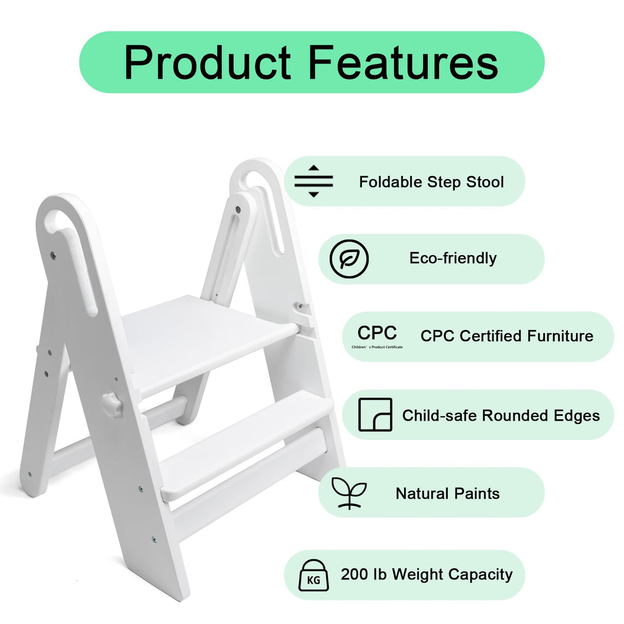 WOOD CITY Toddler Step Stool Foldable for Bathroom Sink, Adjustable 2 Step Stool Toilet Potty Training Stool with Handles,Child Kitchen Counter Stool Helper, Montessori Kitchen Stools (White) WOOD CITY