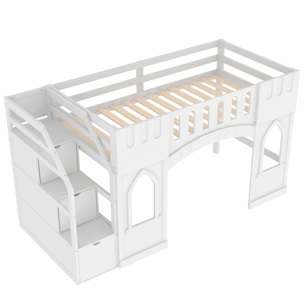 Harper & Bright Designs White Twin Low Loft Bed with Storage Staircase and Windows Harper & Bright Designs