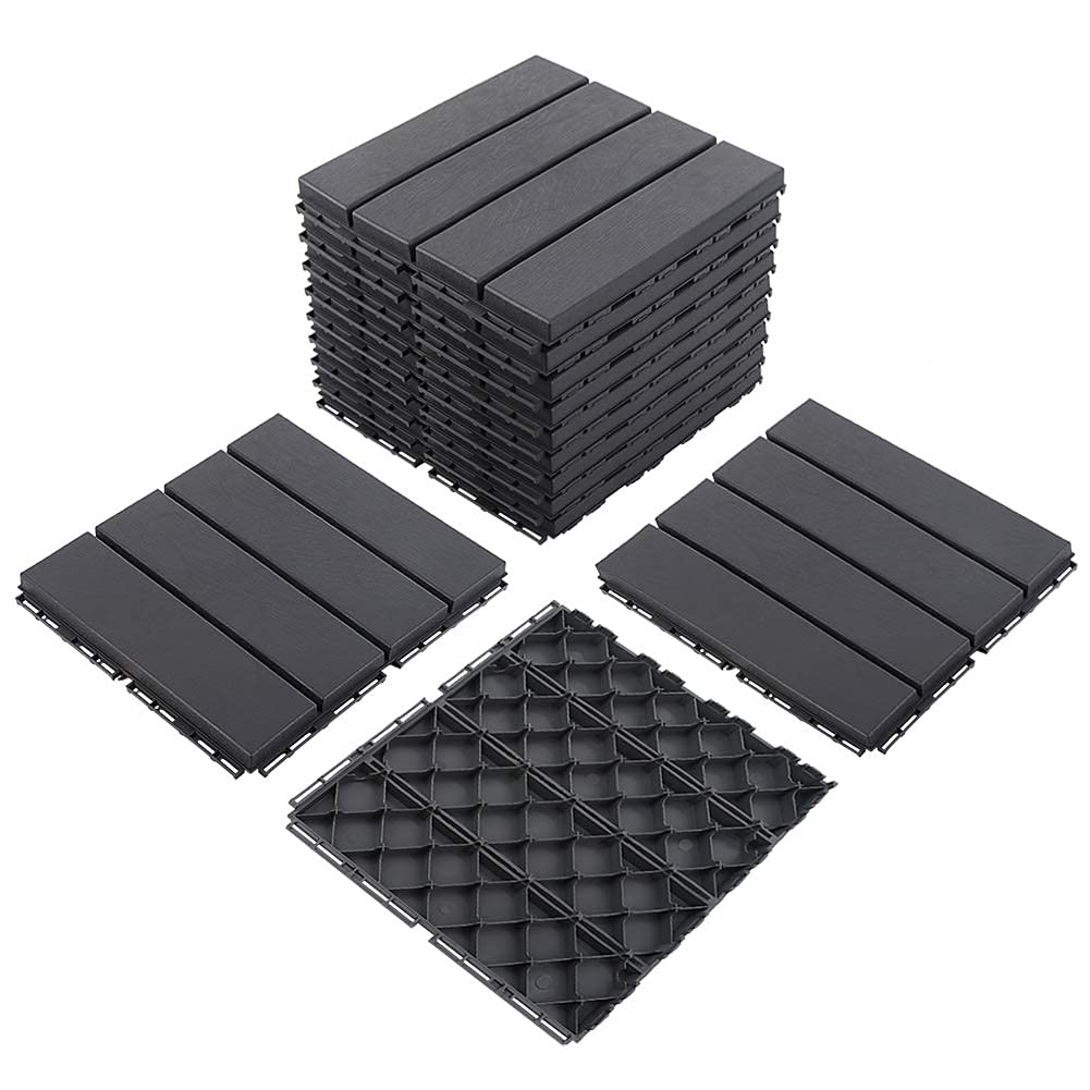 Domi Patio Deck Tiles, 12 x 12 inches Composite Interlocking Shed Floor, Four Slat Plastic Kennel Deck, 27 Pieces One Pack, Dark Grey domi outdoor living