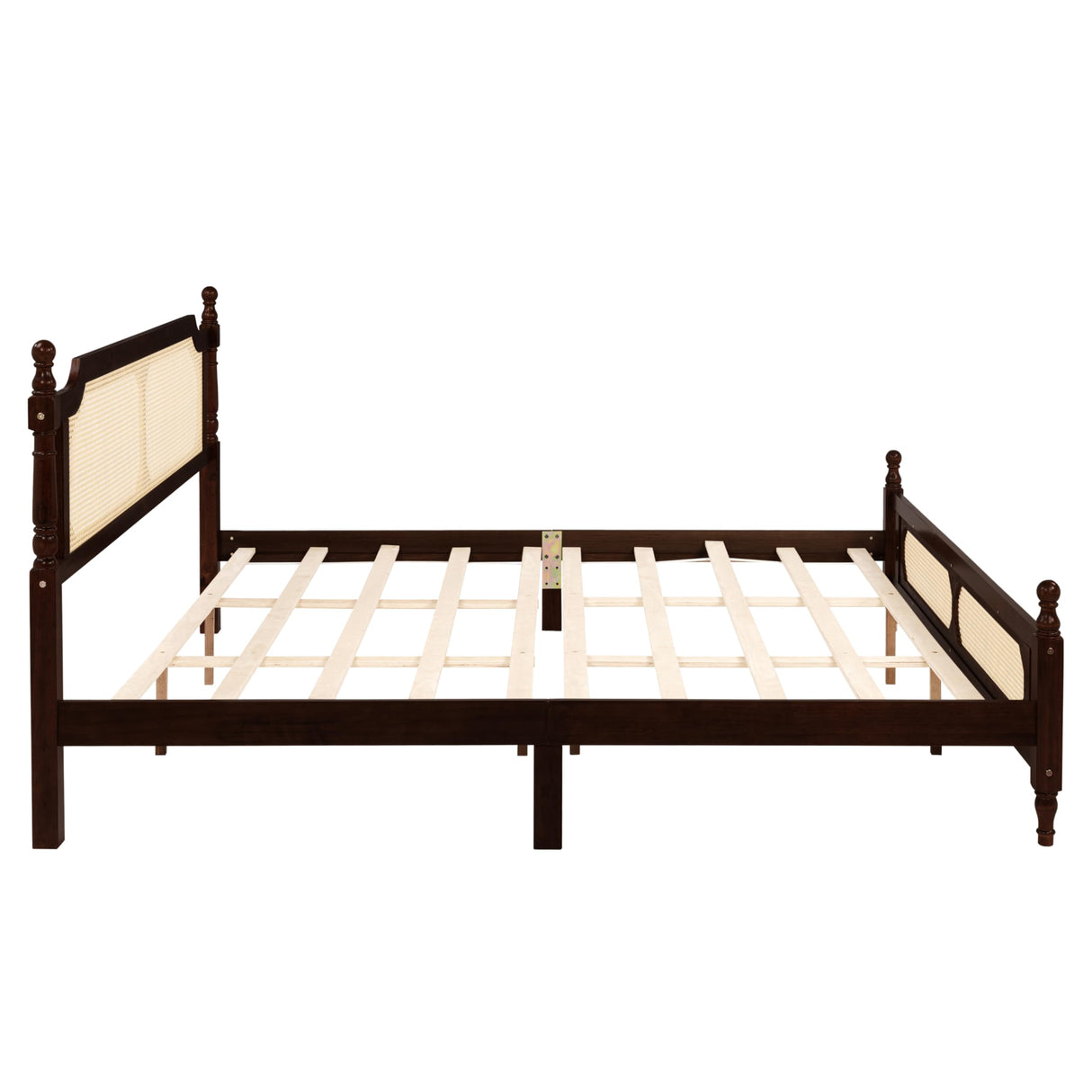 DNChuan King Size Platform Bed with Retro Style Rattan Headboard and Footboard,4-Post Wood Bed Frame with Central Enhanced,No Box Spring Needed, Espresso DNChuan
