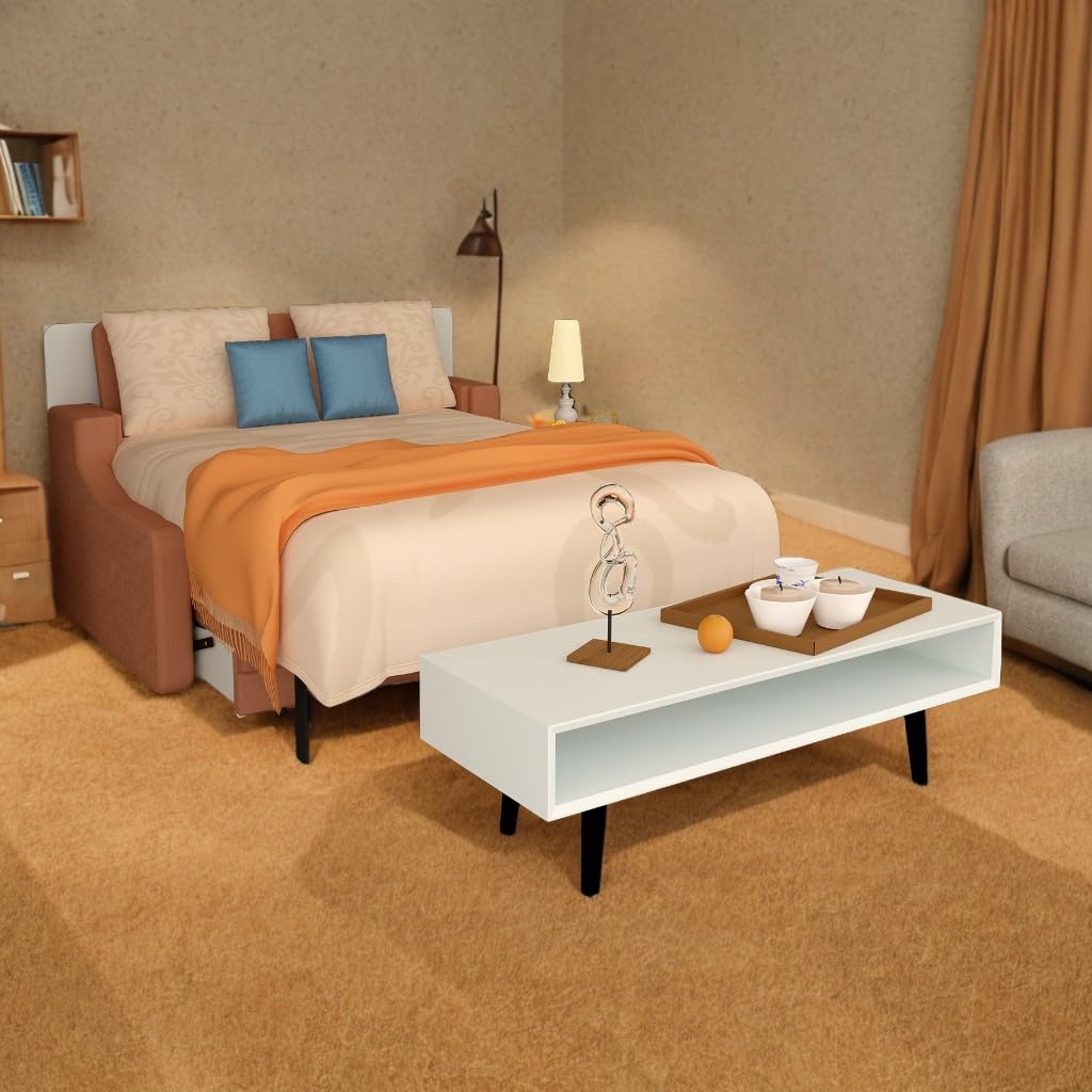 FAVSH Full Size Murphy Bed Cabinet with Loveseat Sofa, White Hidden Beds,Wall Bedframe w/Orange Couch for Bedroom,Space-Saving, Noise Free FAVSH